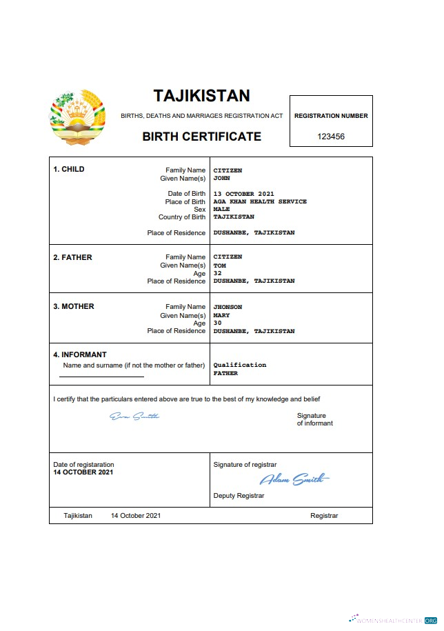 Download Tajikistan vital record birth certificate Word and PDF template Photoshop template